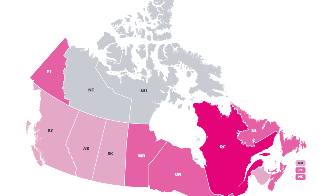 A colour-coded map of Canada with provinces filled in varying shades of pink A colour-coded map of Canada with provinces filled in varying shades of pink