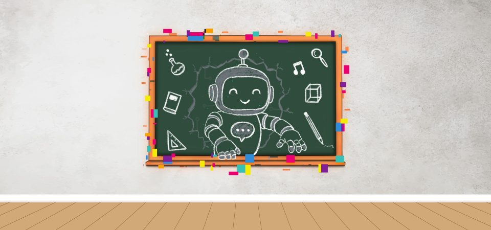 An illustration of a smiling robot sketched on a classroom chalkboard