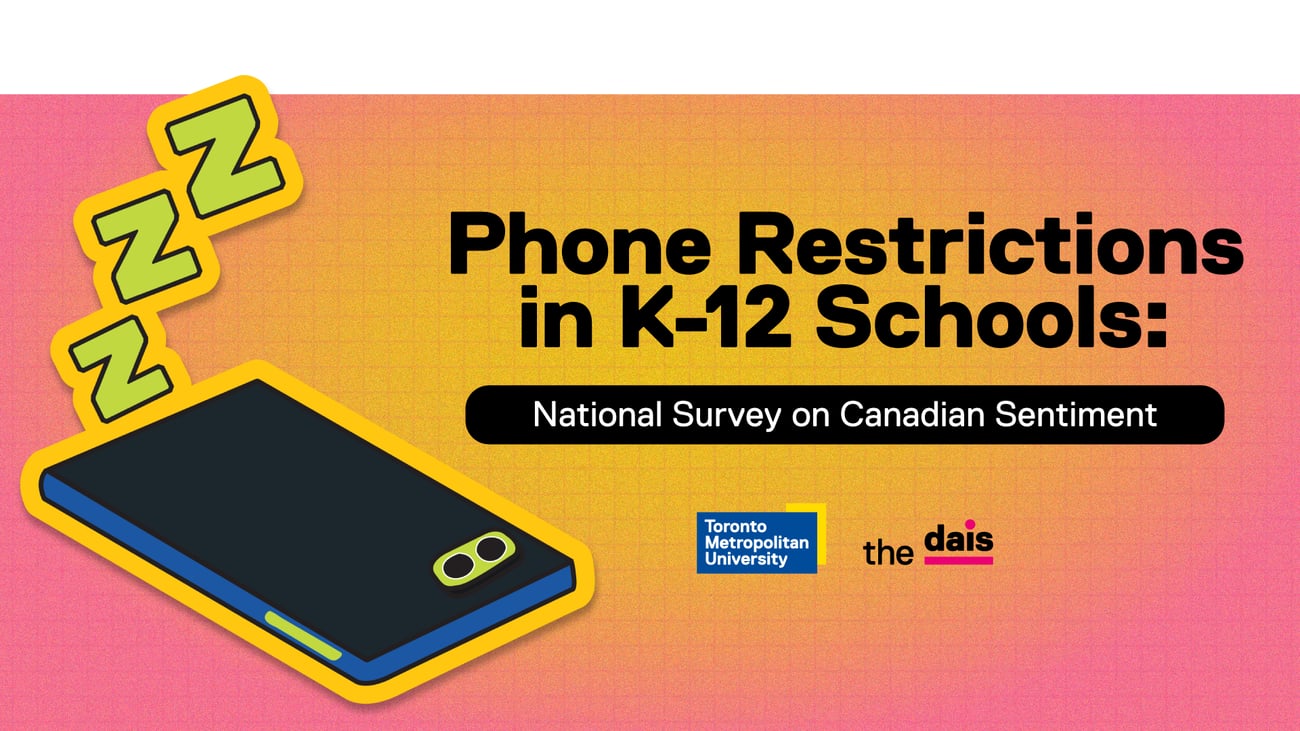 An illustration of a sleeping phone with the text "Phone restrictions in K-12 schools: National survey on Canadian sentiment" An illustration of a sleeping phone with the text "Phone restrictions in K-12 schools: National survey on Canadian sentiment"