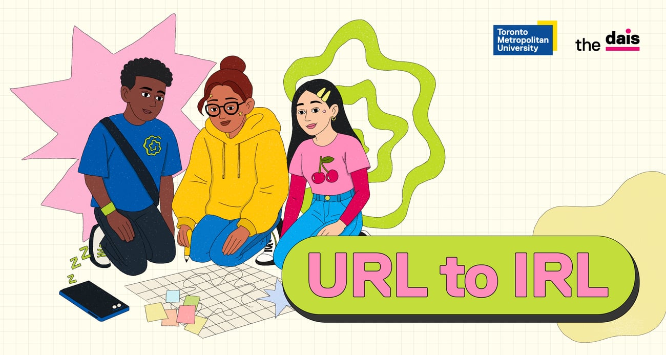 An illustration of young people sitting around a craft while a phone nearby snores, with the text URL to IRL An illustration of young people sitting around a craft while a phone nearby snores, with the text URL to IRL