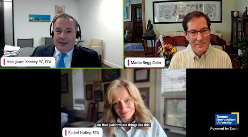A screenshot from a zoom call with two men and a woman on screen, with the name tags Hon. Jason Kenney, PC, ECA, Martin Regg Cohn, and Rachel Notley, ECA. A screenshot from a zoom call with two men and a woman on screen, with the name tags Hon. Jason Kenney, PC, ECA, Martin Regg Cohn, and Rachel Notley, ECA.